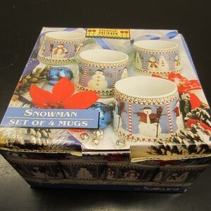 Sakura Snowman Debbie Mumm Ceramic mugs 4”dia Set of 4 Vintage holiday Christmas